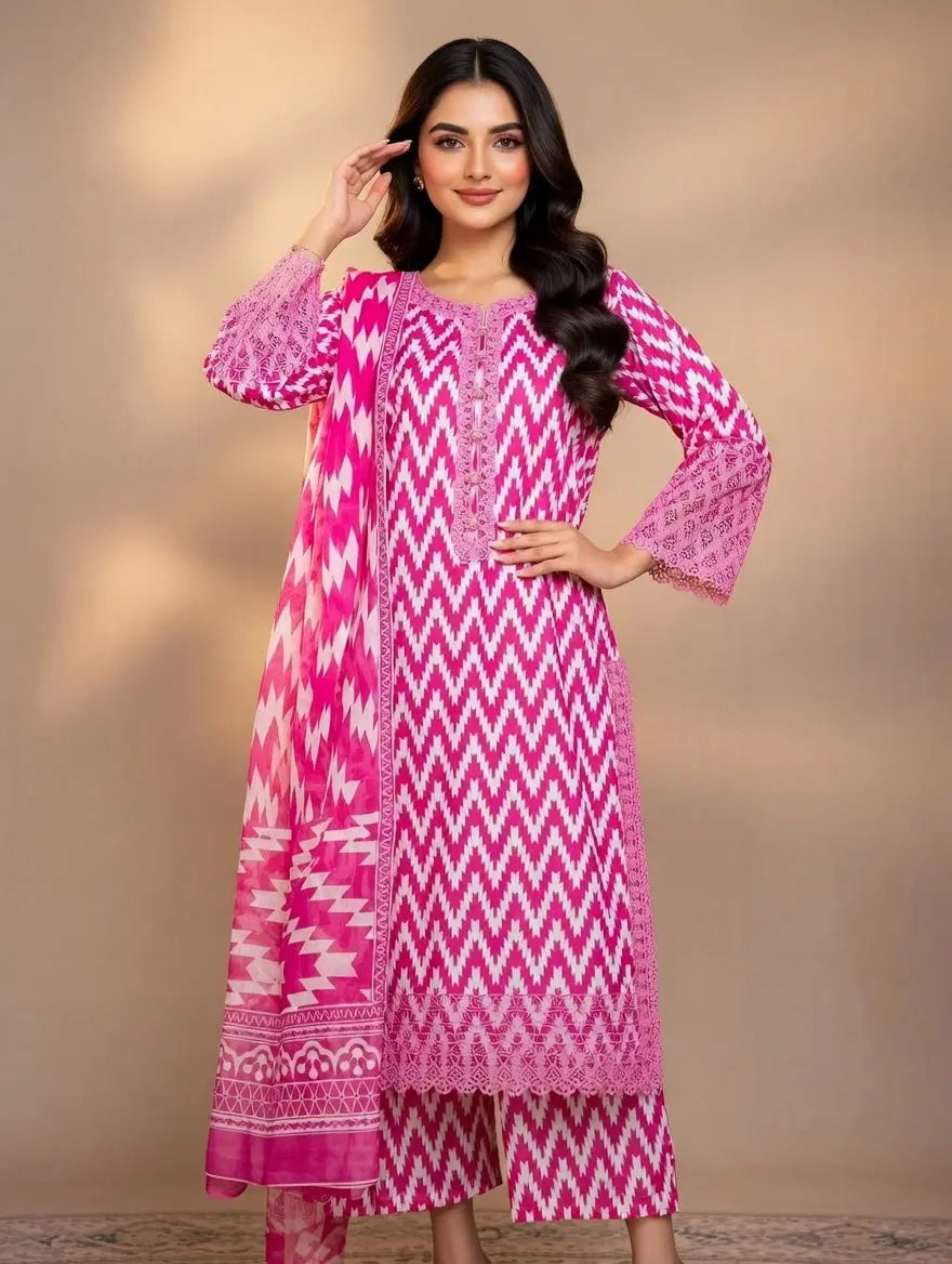 Ruby Chevron 3pc Kinza Nadeem