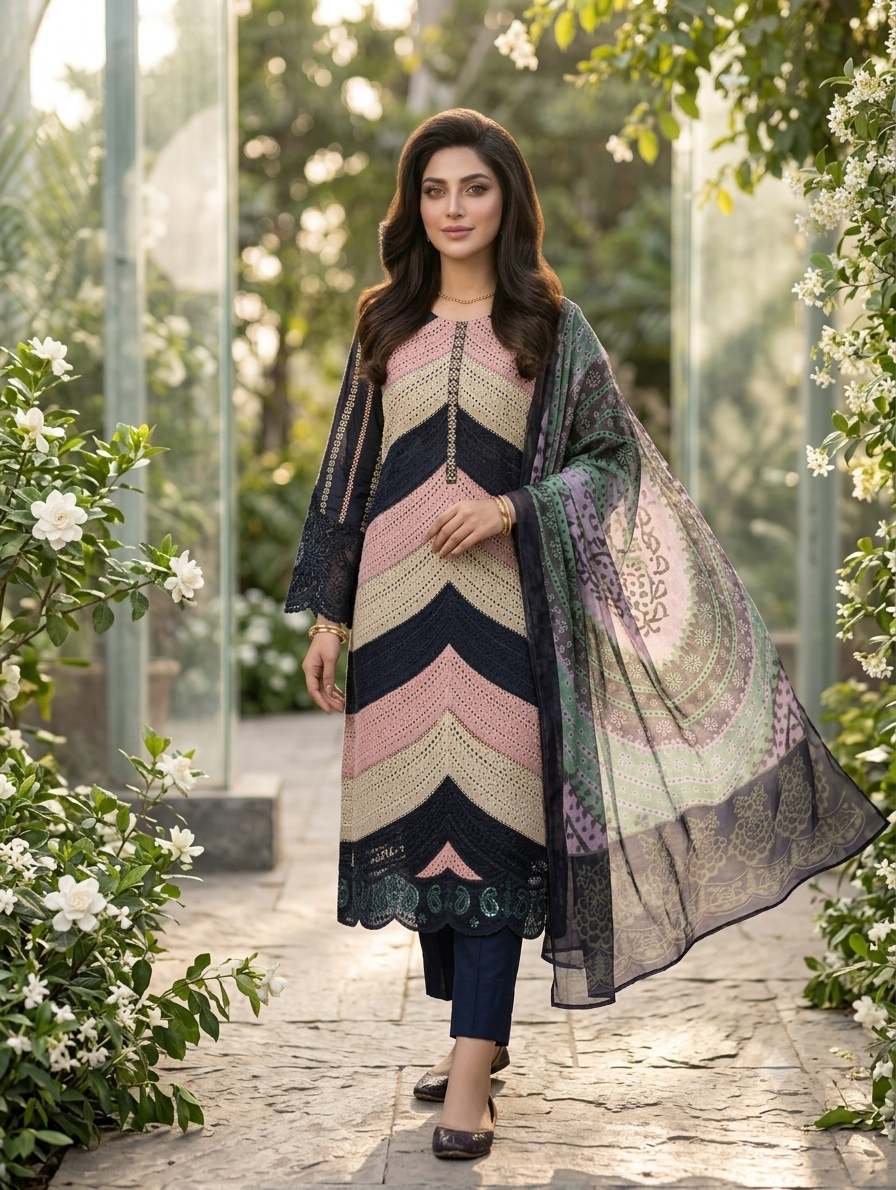 Naira Chevron — 3Pc Embroidered Lawn Suit Kinzanadeem