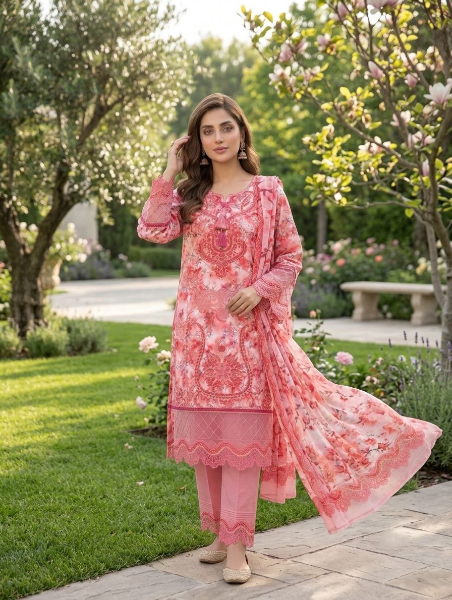 Pink Mirha — 3Pc Printed Lawn Suit Kinzanadeem