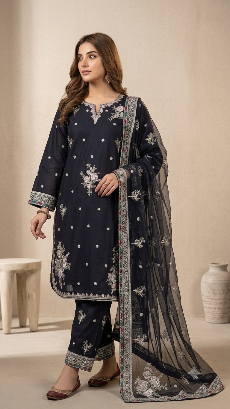 KN-023 Mehran Noor — 3Pc Embroidered Chiffon Suit Kinzanadeem