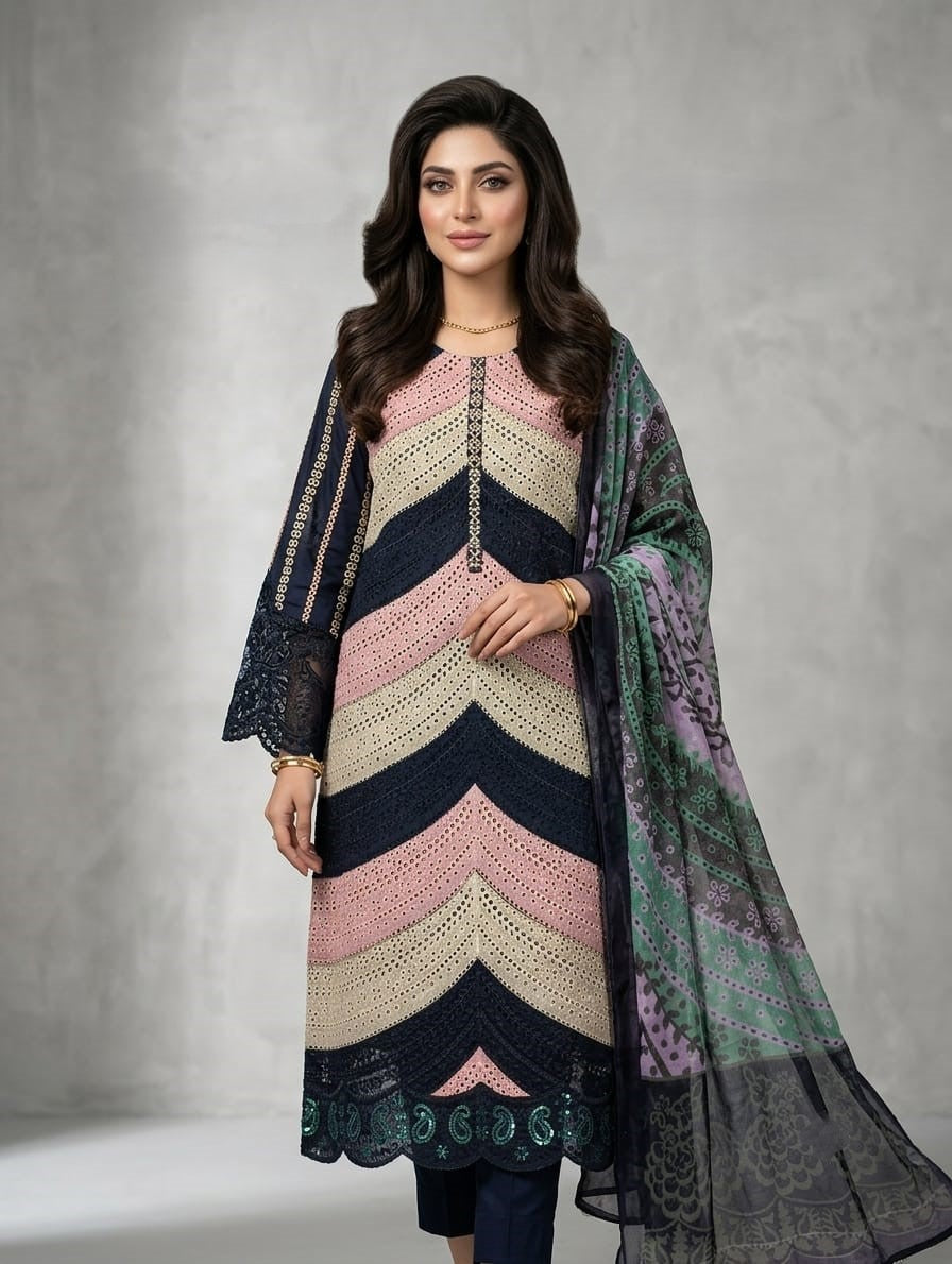 Naira Chevron — 3Pc Embroidered Lawn Suit Kinzanadeem