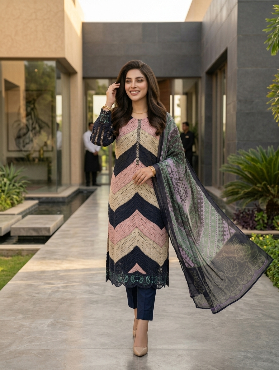 Naira Chevron — 3Pc Embroidered Lawn Suit Kinzanadeem