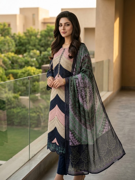 Naira Chevron — 3Pc Embroidered Lawn Suit Kinzanadeem
