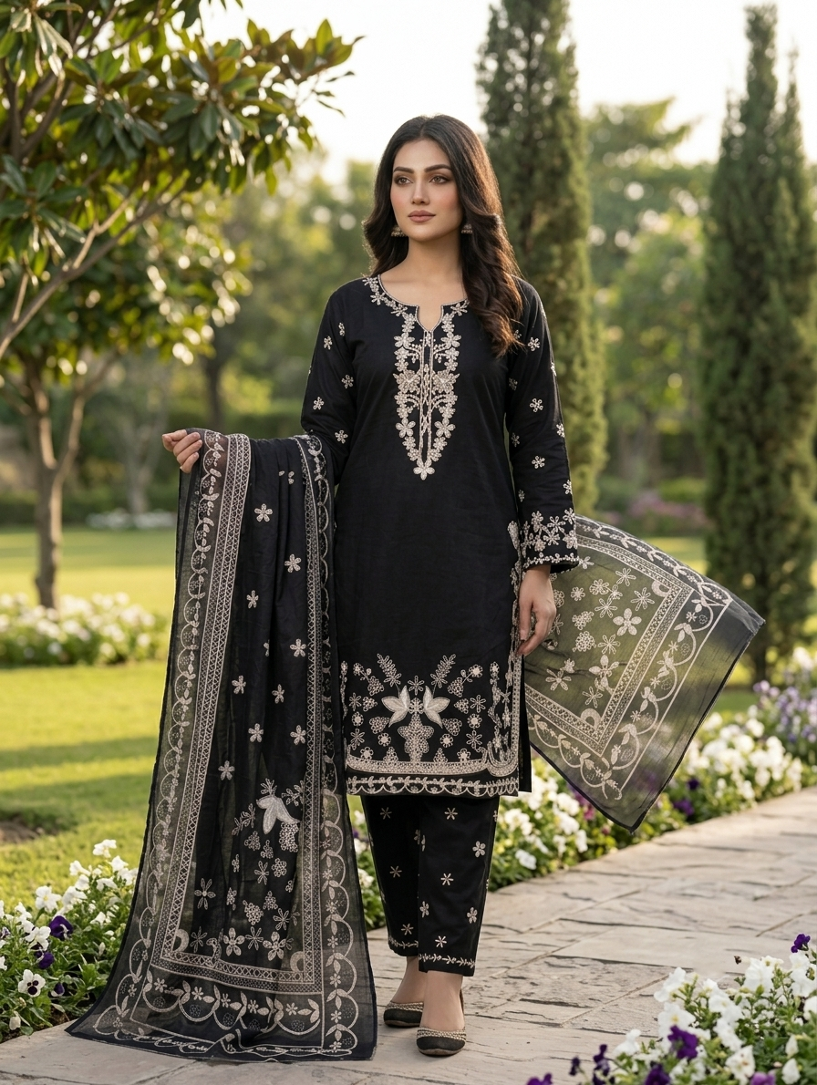 Siyah Noor — 3Pc Embroidered Lawn Suit Kinzanadeem