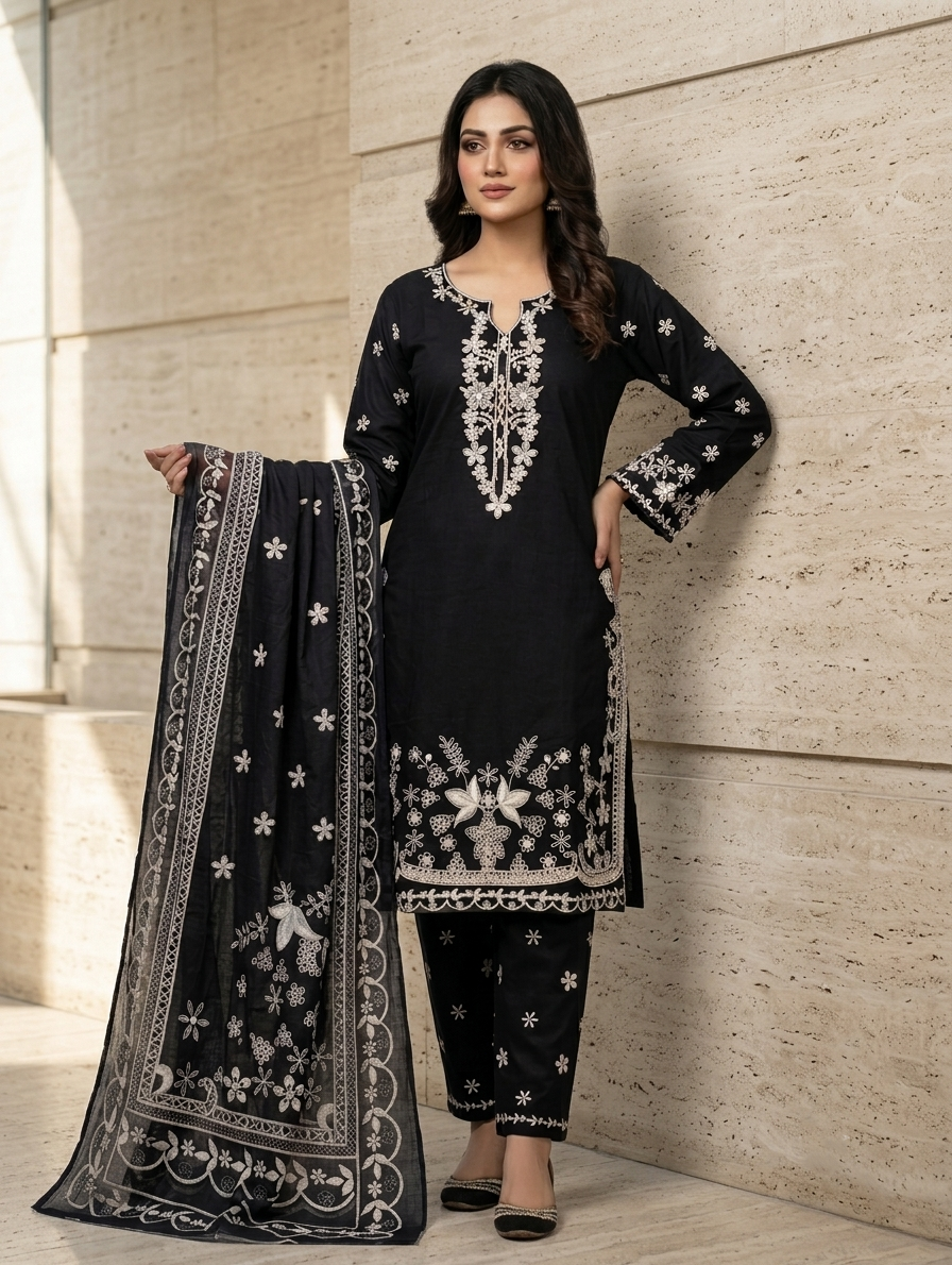 Siyah Noor — 3Pc Embroidered Lawn Suit Kinzanadeem