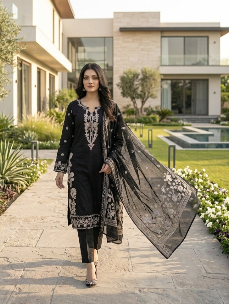 Siyah Noor — 3Pc Embroidered Lawn Suit Kinzanadeem