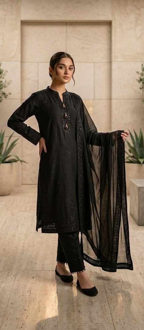 Noir Aura — 3Pc Embroidered Cotton Lawn Suit Kinzanadeem