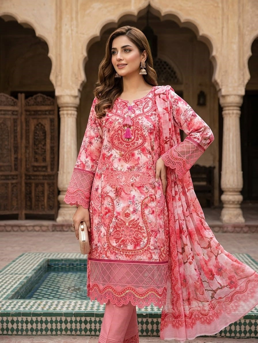 Pink Mirha — 3Pc Printed Lawn Suit Kinzanadeem