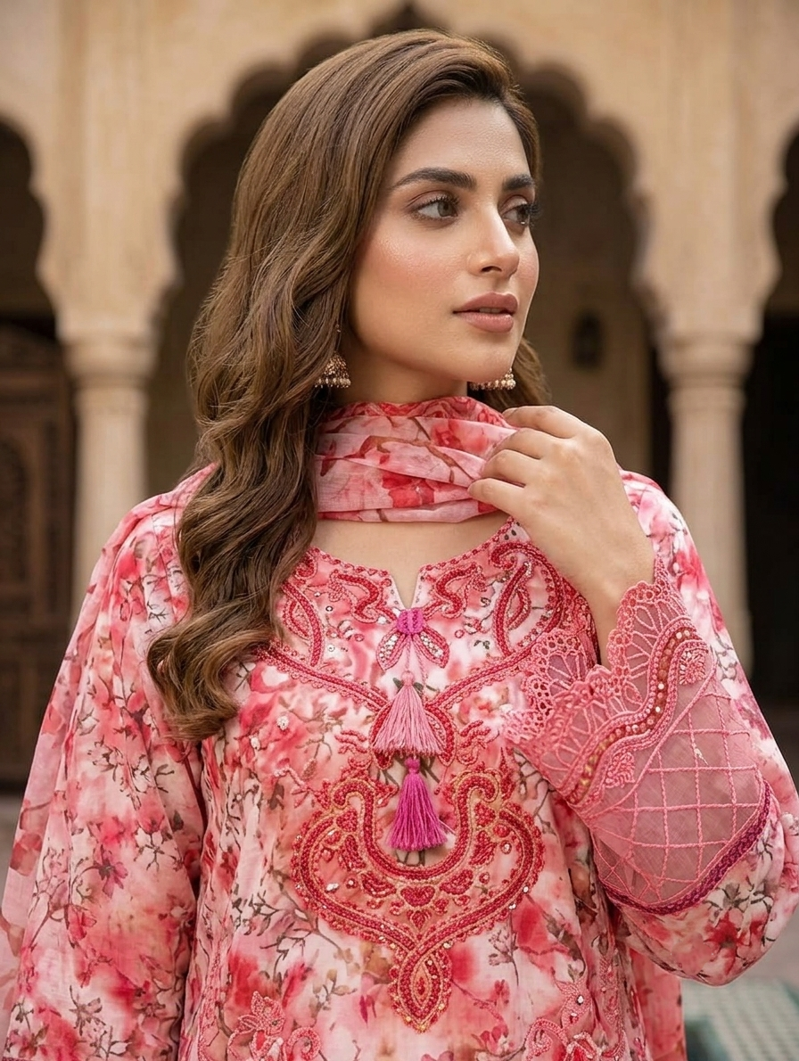Pink Mirha — 3Pc Printed Lawn Suit Kinzanadeem