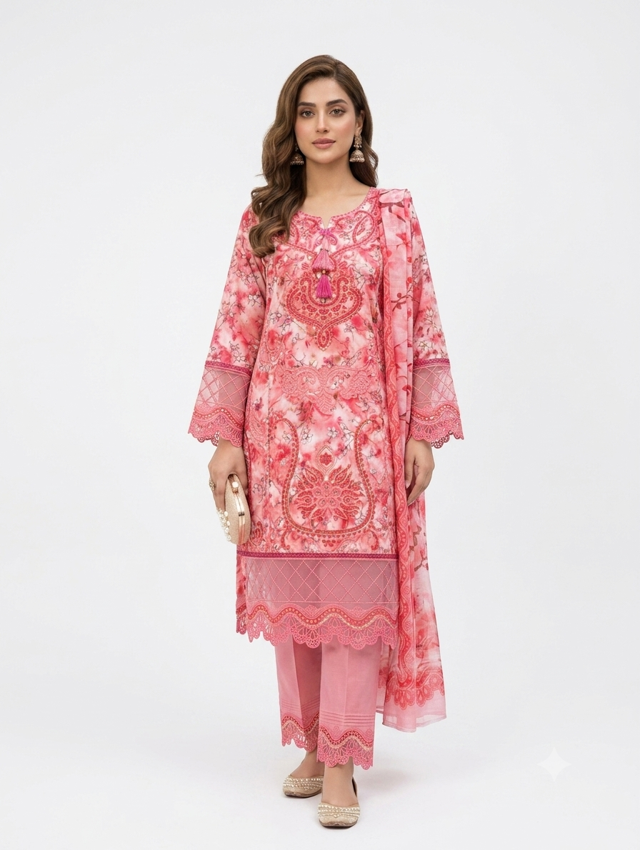 Pink Mirha — 3Pc Printed Lawn Suit Kinzanadeem
