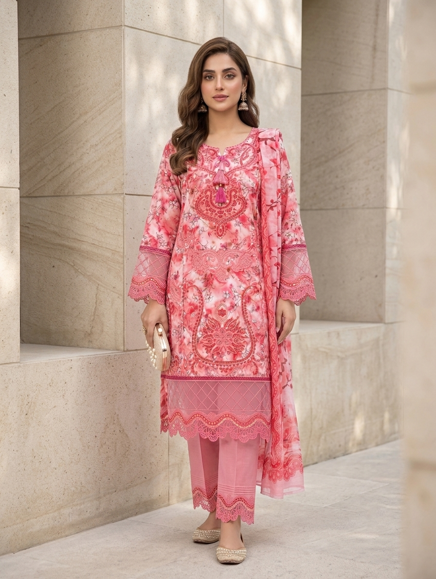 Pink Mirha — 3Pc Printed Lawn Suit Kinzanadeem