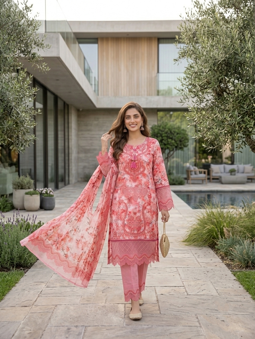 Pink Mirha — 3Pc Printed Lawn Suit Kinzanadeem