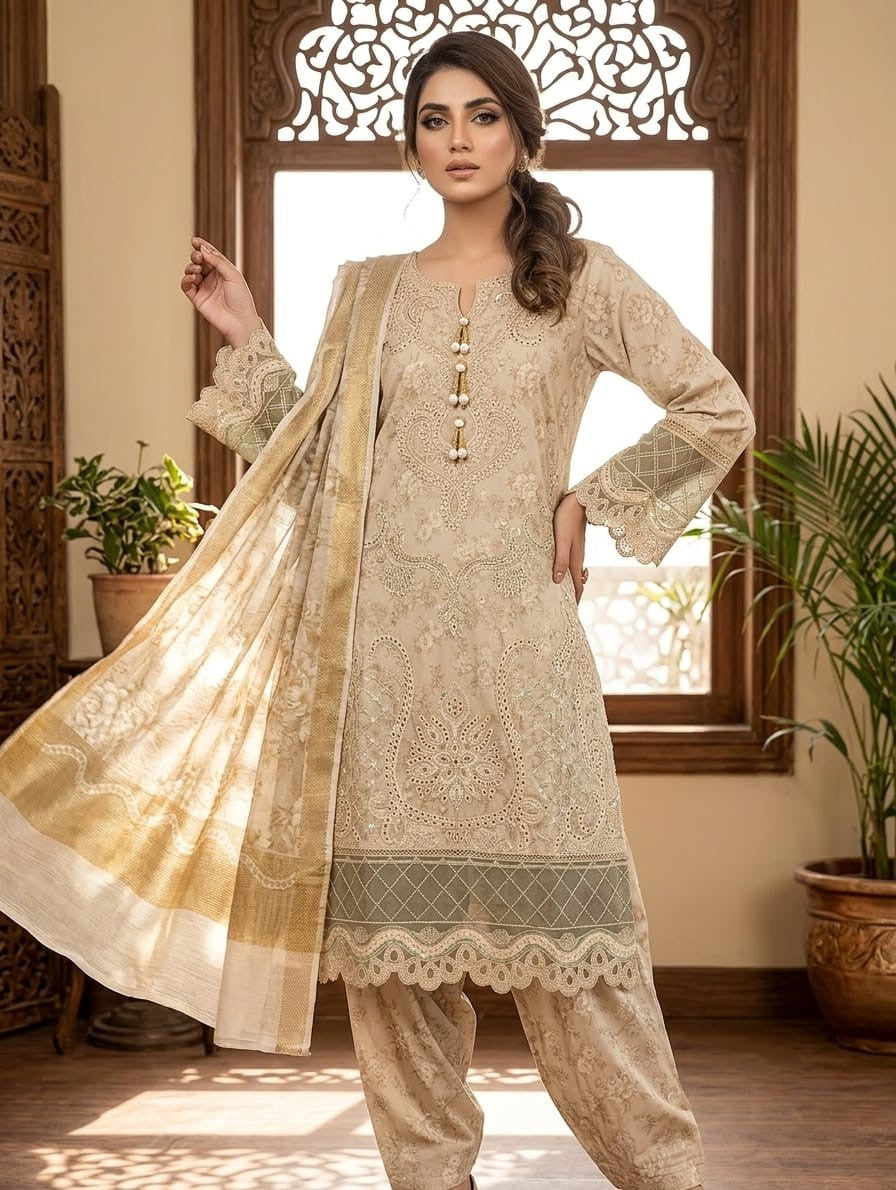 Mehrun Gold — 3Pc Embroidered Lawn Suit Kinzanadeem