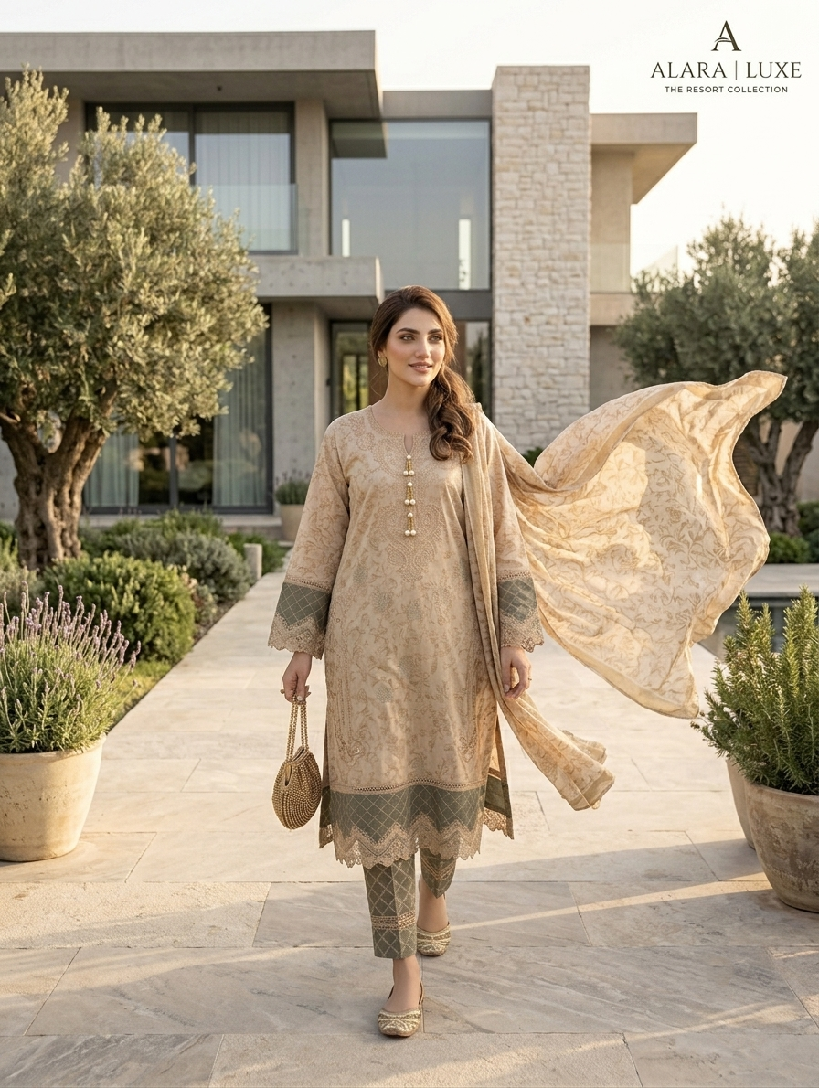 Mehrun Gold — 3Pc Embroidered Lawn Suit Kinzanadeem