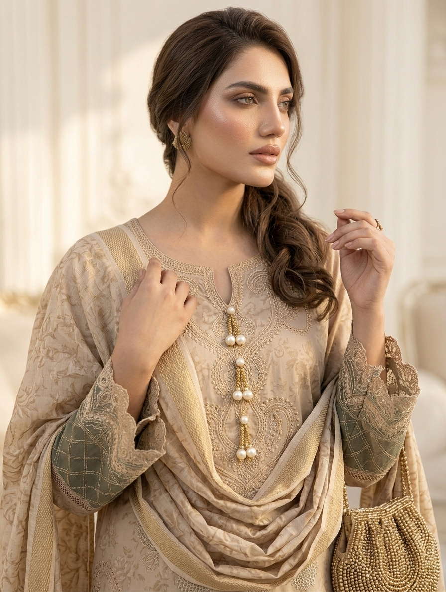 Mehrun Gold — 3Pc Embroidered Lawn Suit Kinzanadeem