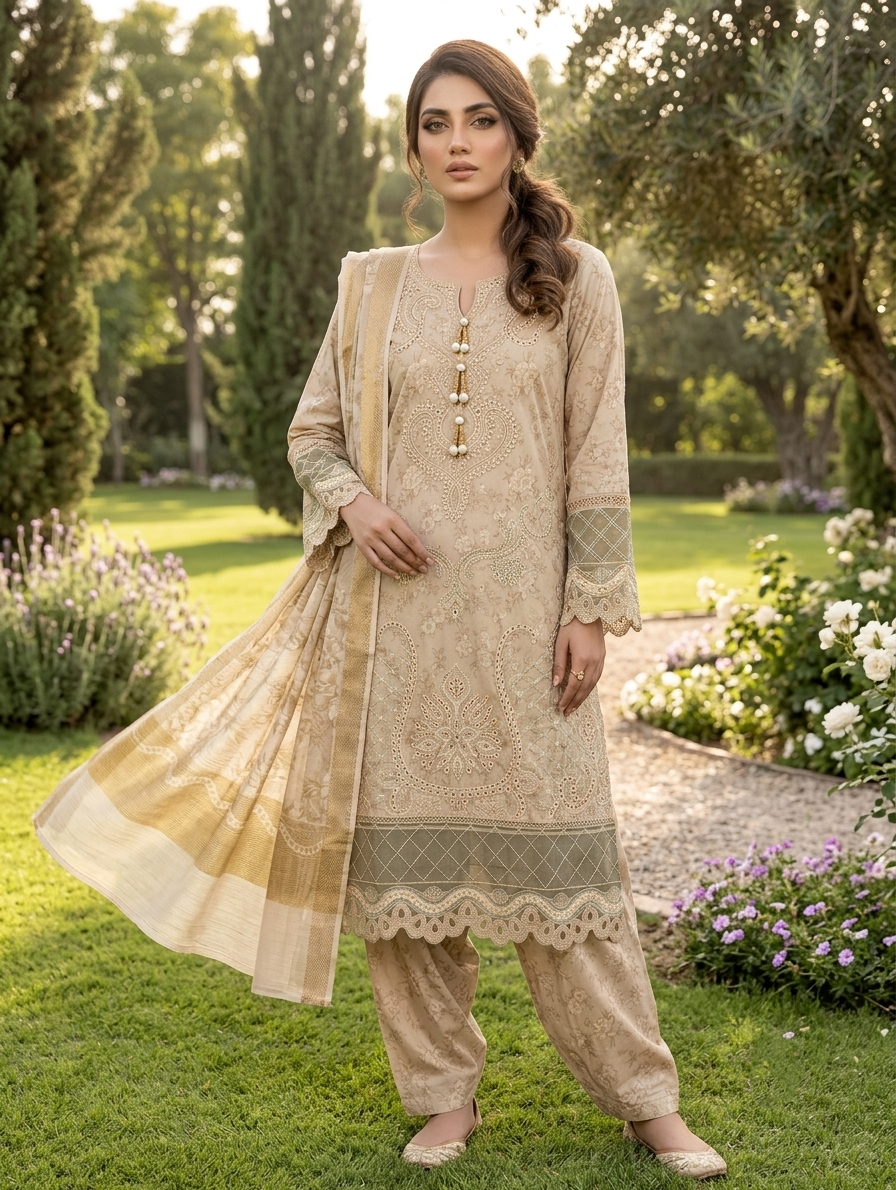 Mehrun Gold — 3Pc Embroidered Lawn Suit Kinzanadeem