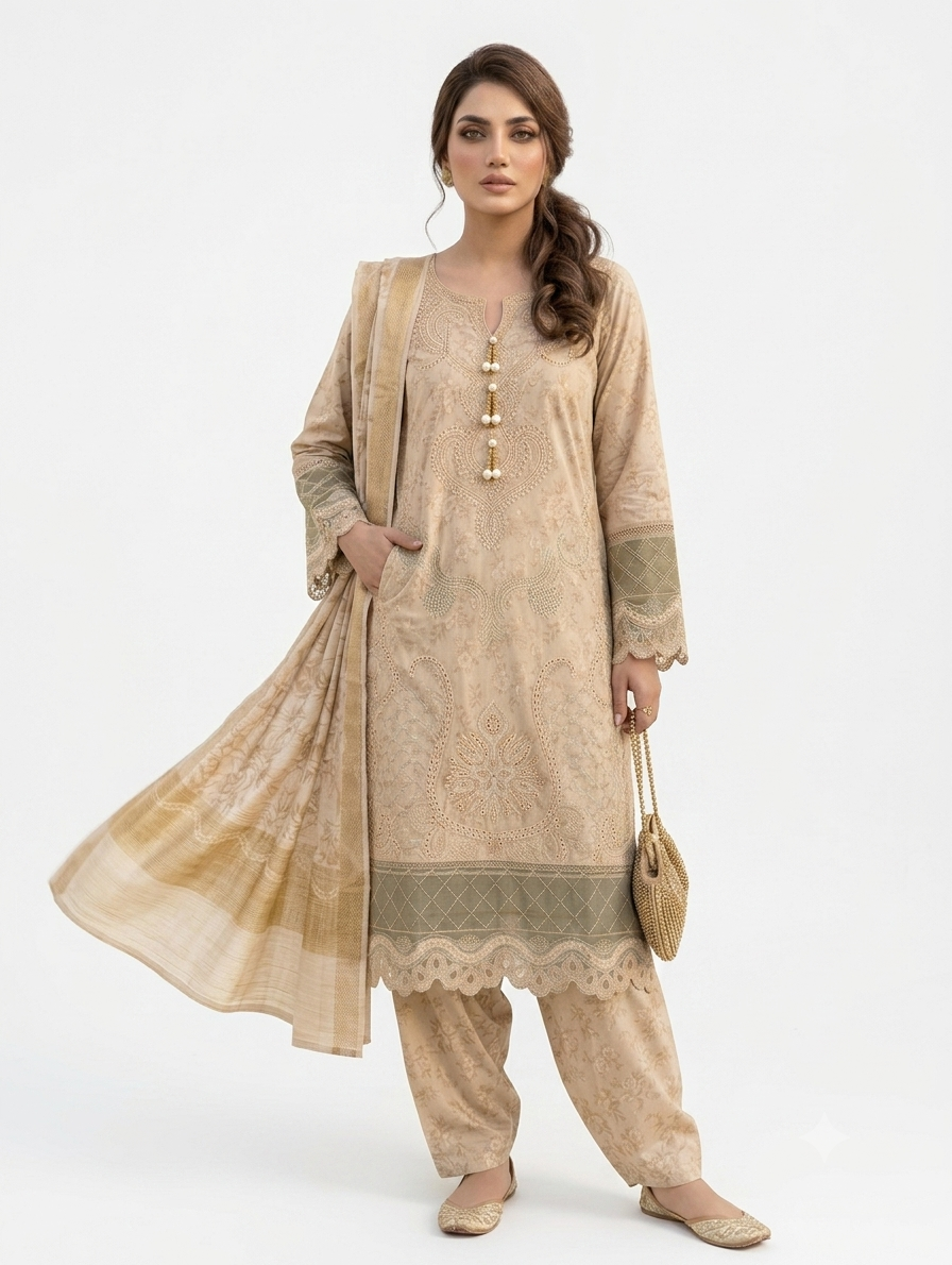 Mehrun Gold — 3Pc Embroidered Lawn Suit Kinzanadeem