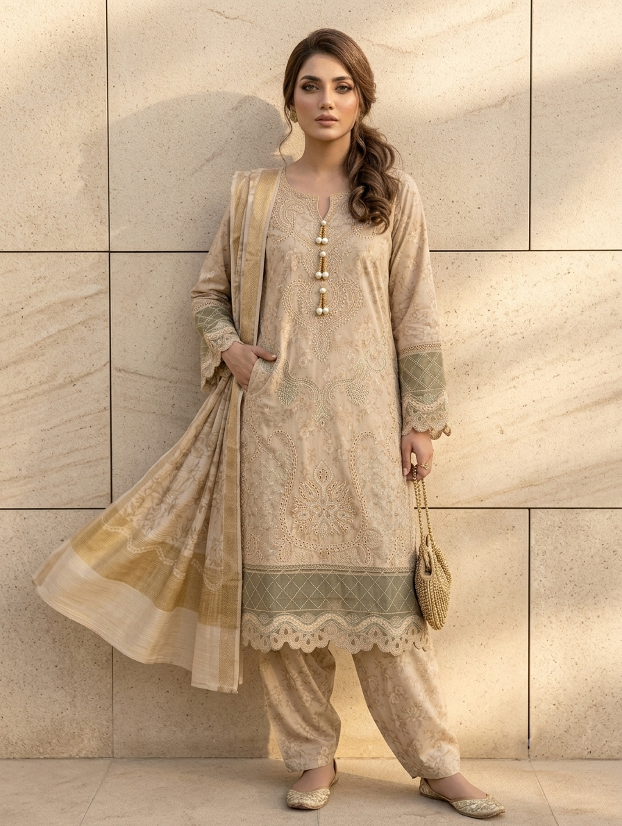 Mehrun Gold — 3Pc Embroidered Lawn Suit Kinzanadeem